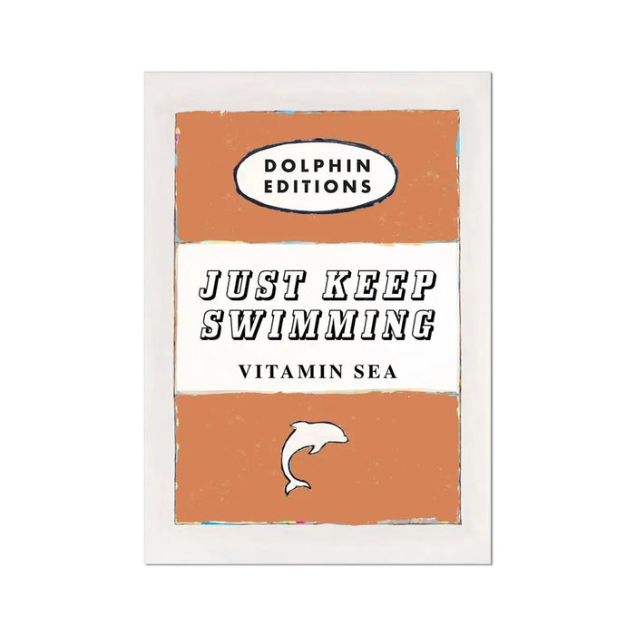 Vintage Book Cover Art Print titled "Just Keep Swimming" in Orange colour. It is available in an unframed 