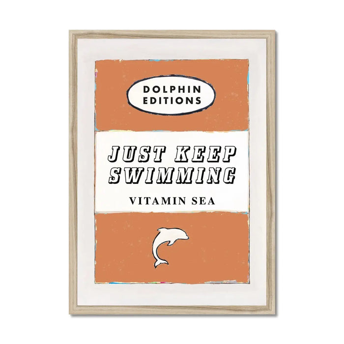 "Just Keep Swimming" vintage book cover art print in orange, which comes already framed. Beach House Art