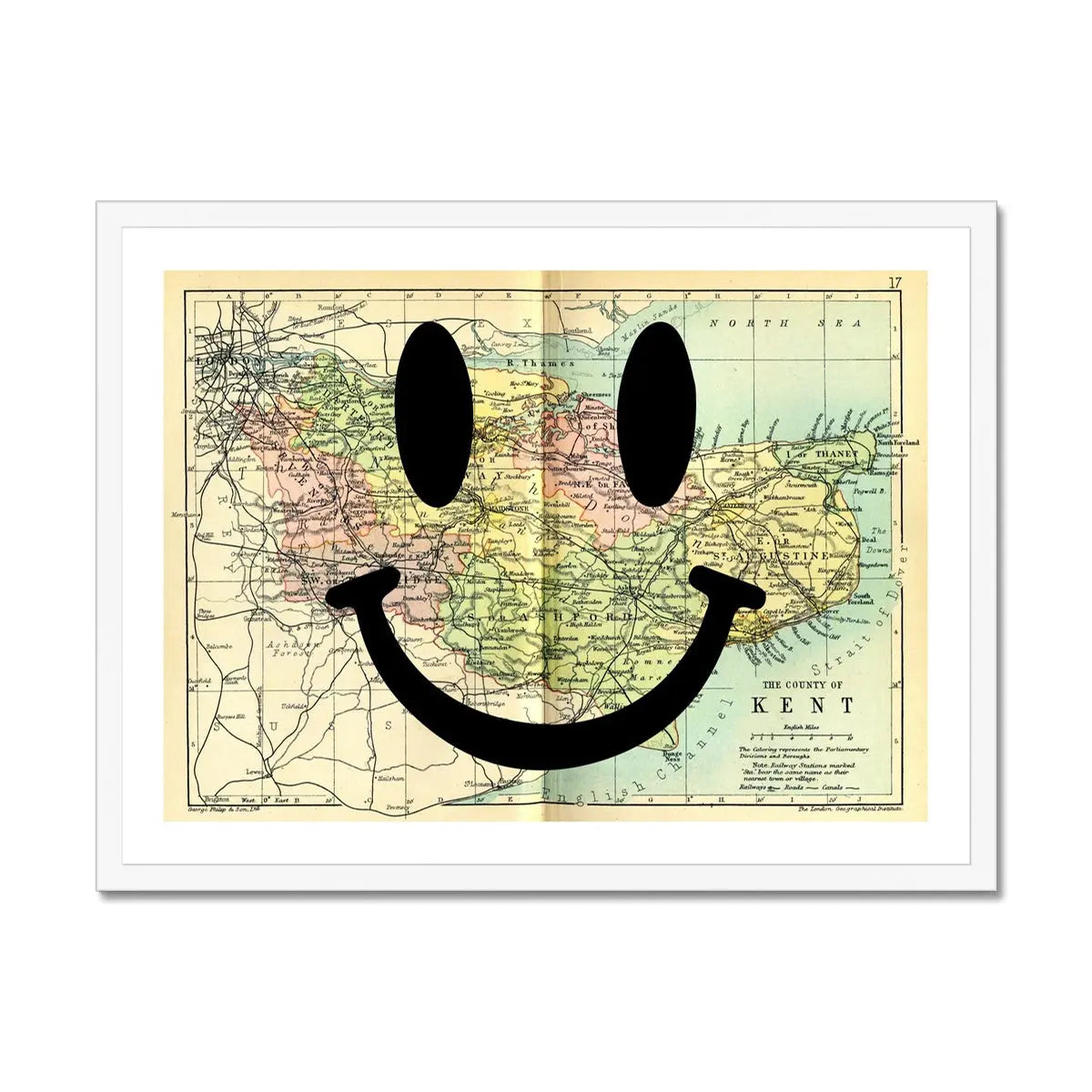 Kent Makes Me Happy (Kent Map) Vintage Map Art - Framed - Beach House Art