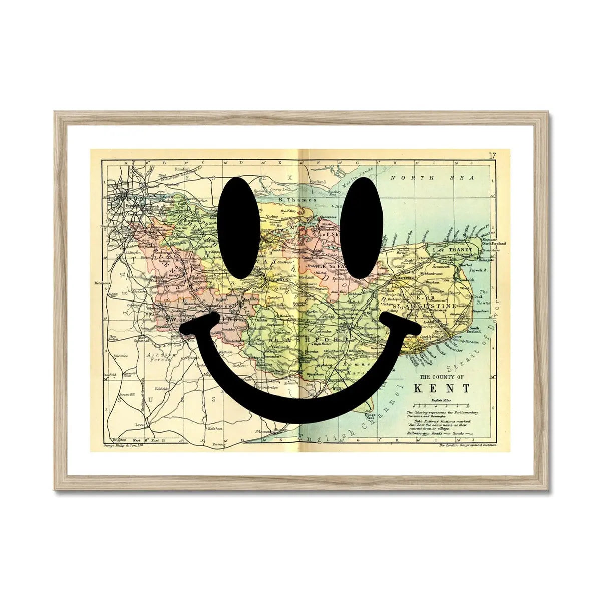 Kent Makes Me Happy (Kent Map) Vintage Map Art - Framed - Beach House Art