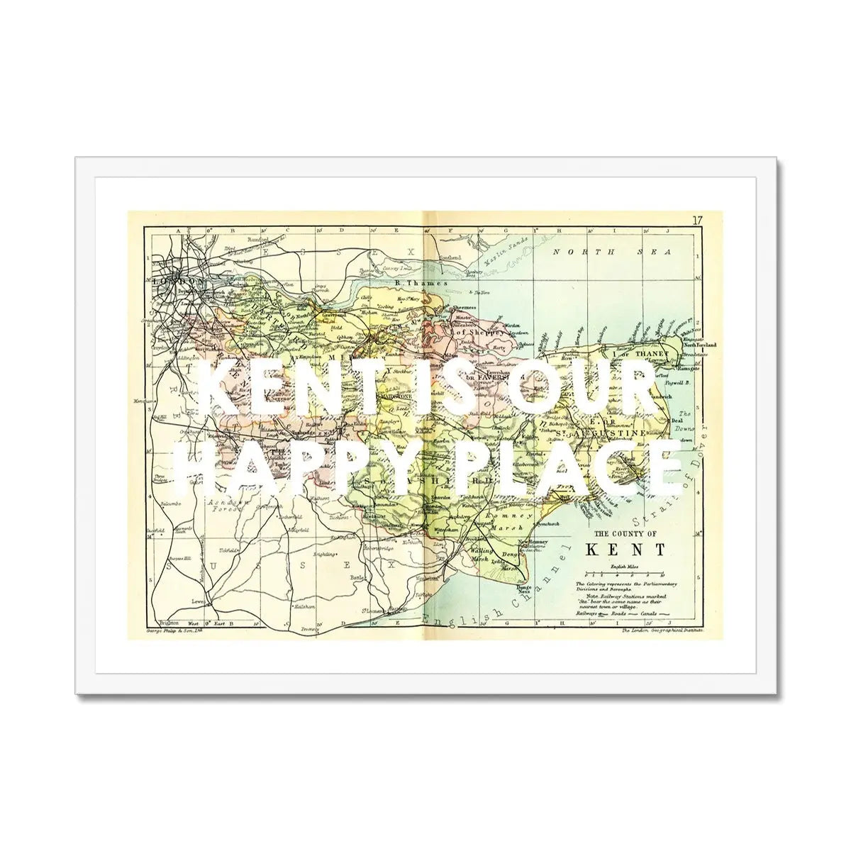 Kent is our Happy Place (Kent Map) Vintage Map Art - Framed - Beach House Art