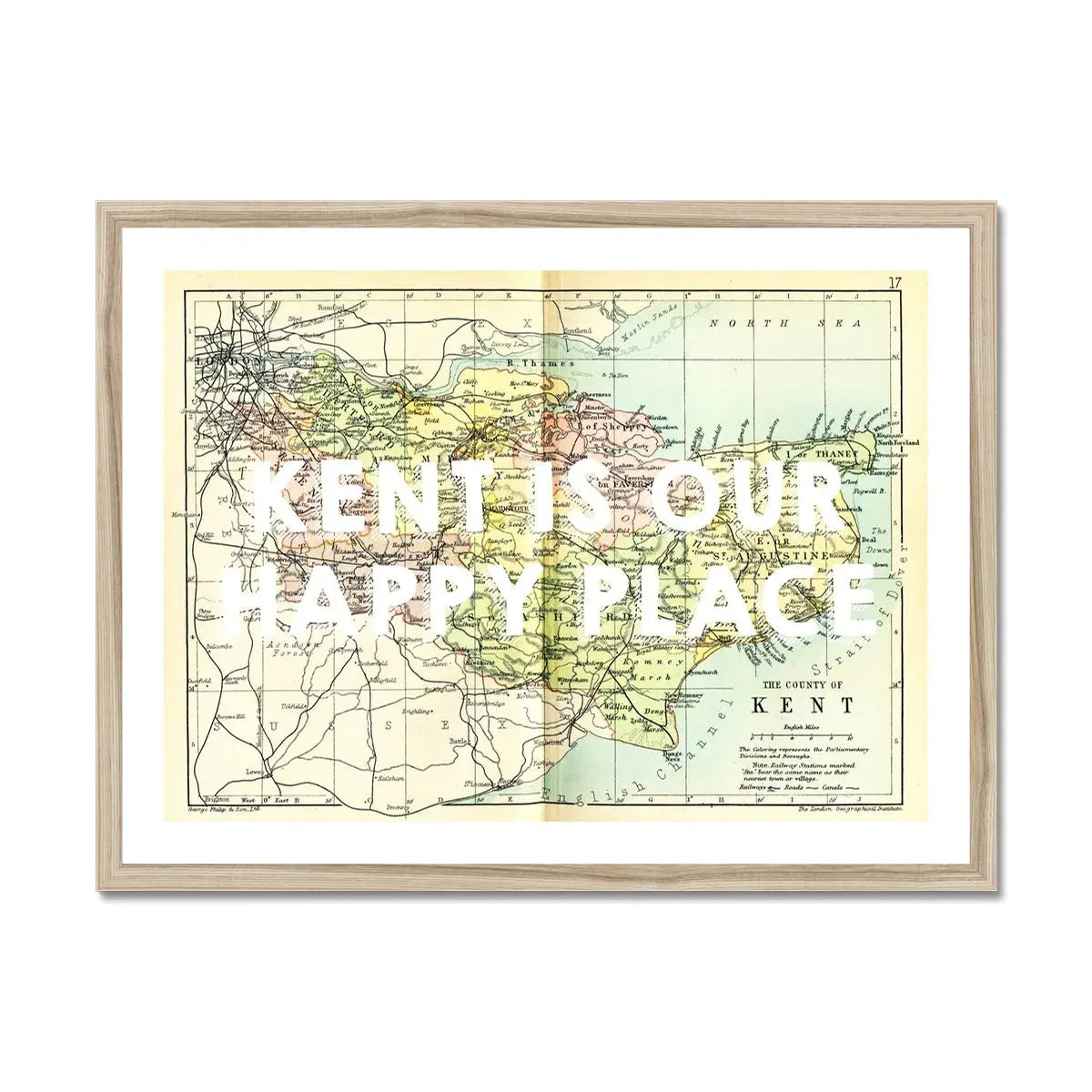 Kent is our Happy Place (Kent Map) Vintage Map Art - Framed - Beach House Art