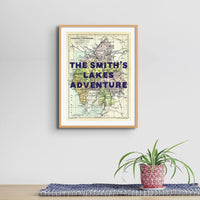 Custom map print of the Lake District | Personalised Lakes Map Art Print with Navy Font - Framed Wall Art
