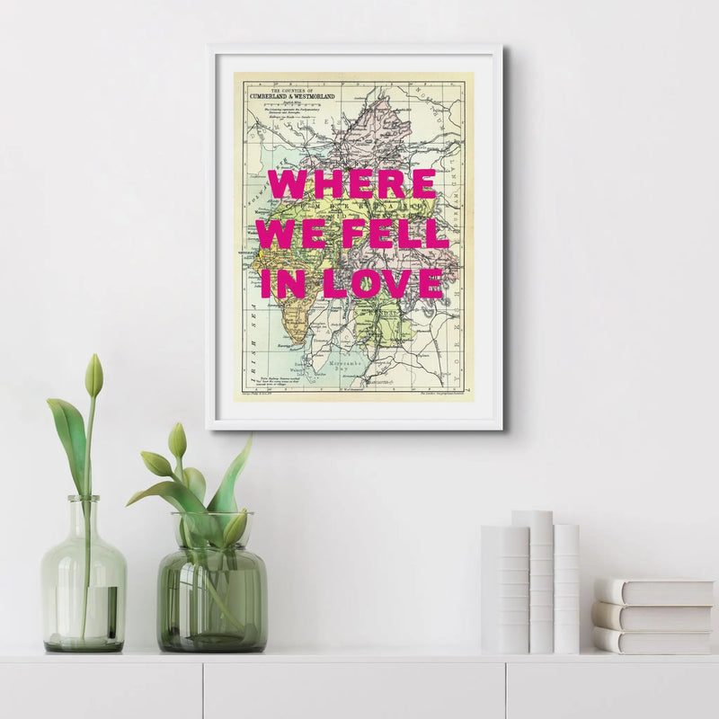 Custom Map Print of Lake District | Personalised Art Print in Pink Font - Unframed Wall Art