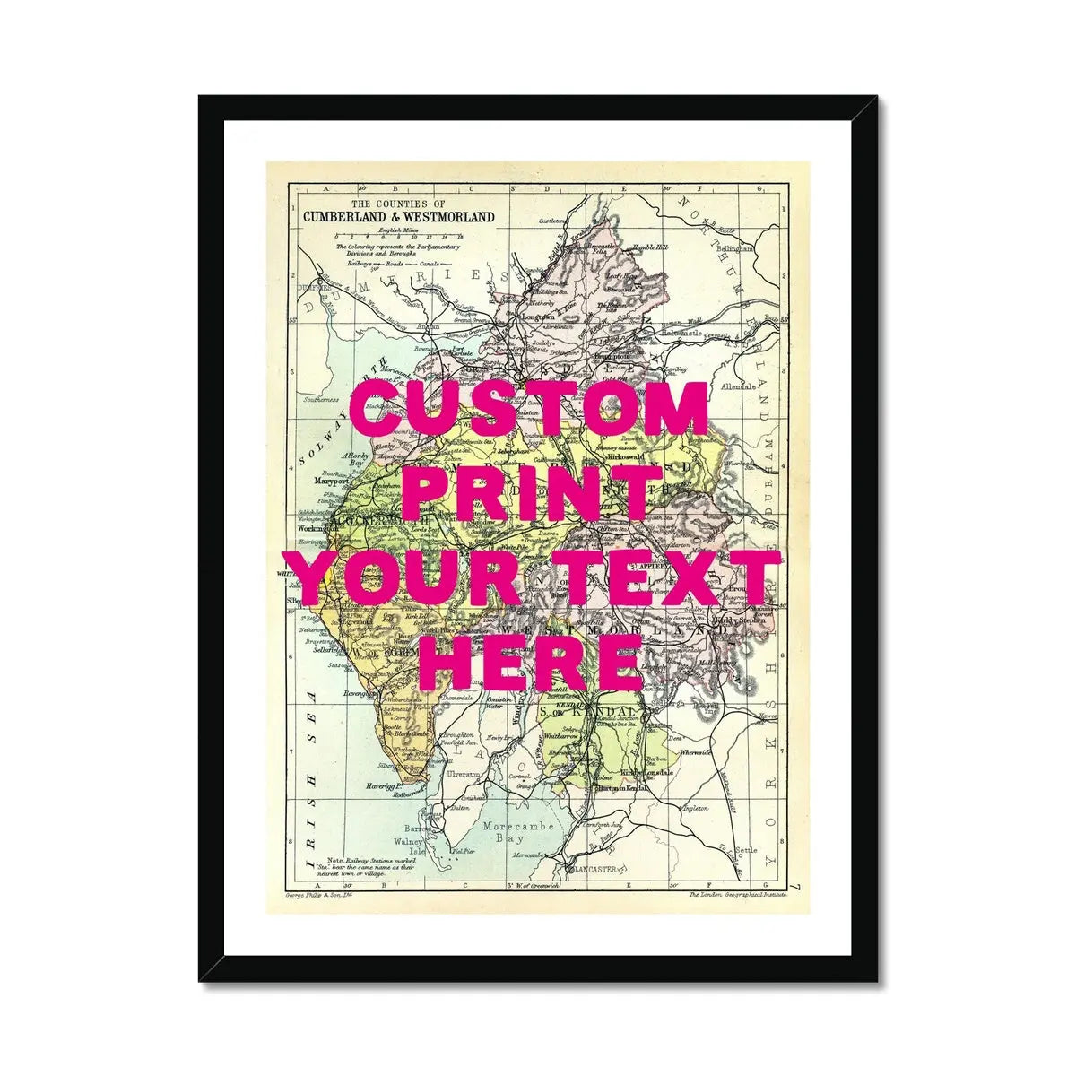 Custom Lake District Map Print | Personalised Art Print in Pink Font - Framed Wall Art