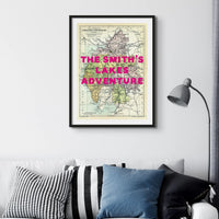 Custom Lake District Map Print | Personalised Art Print in Pink Font - Framed Wall Art