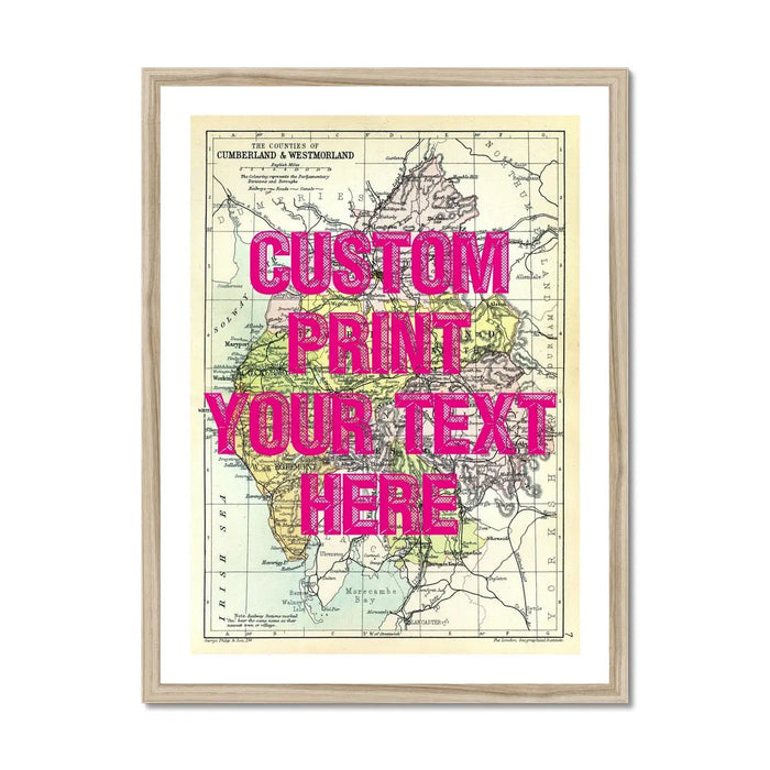 Lake District Map Print Personalised Art Print in Pink font - Framed Wall art