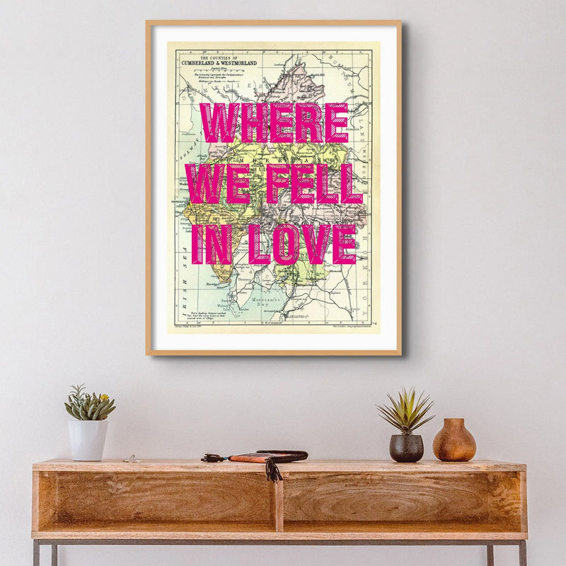 Lake District Map Print | Personalised Art Print in Pink Font - Unframed Wall Art
