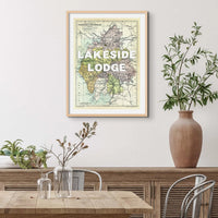Lake District Map Print Personalised Art Print in White Font - Framed Wall Art