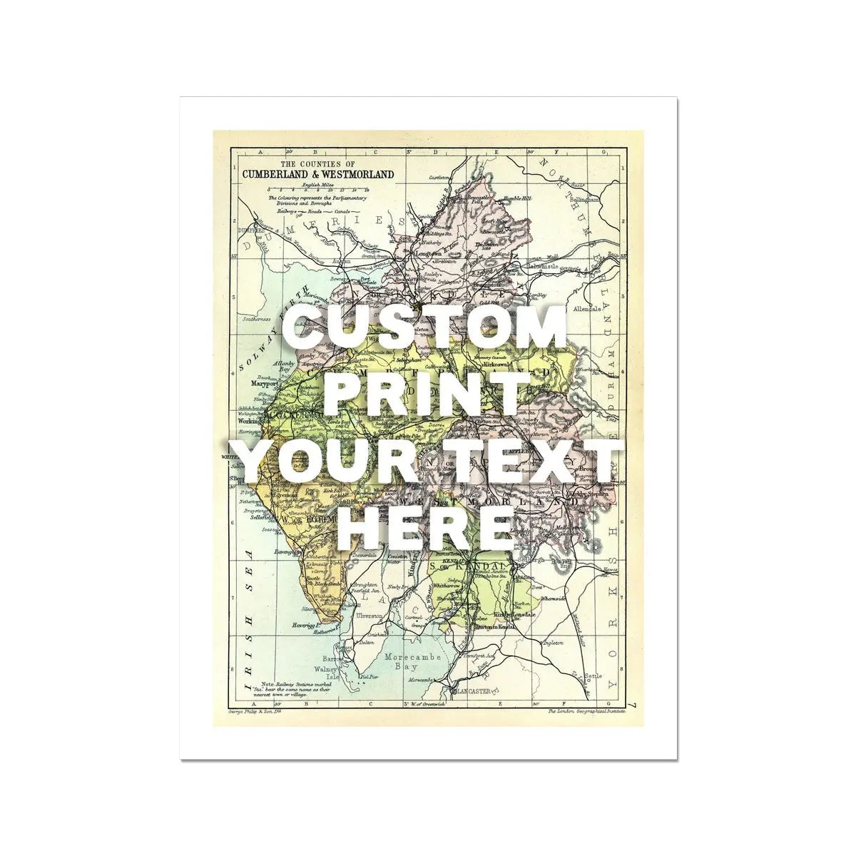 custom Lake District Map Print | Personalised Art Print in White Font - Unframed Wall art