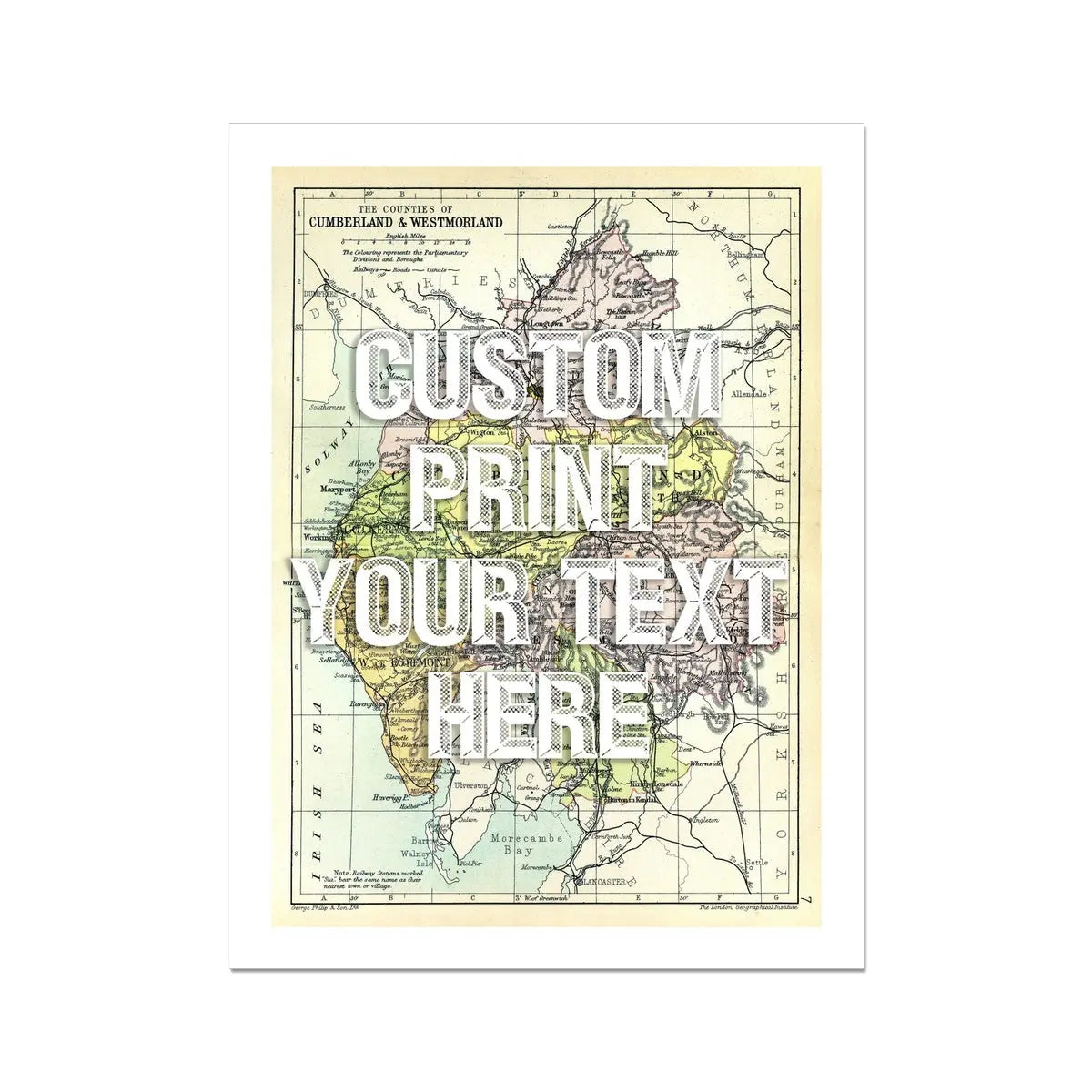 Lake District Map Print | Personalised Art Print with White Font - Unframed Wall art