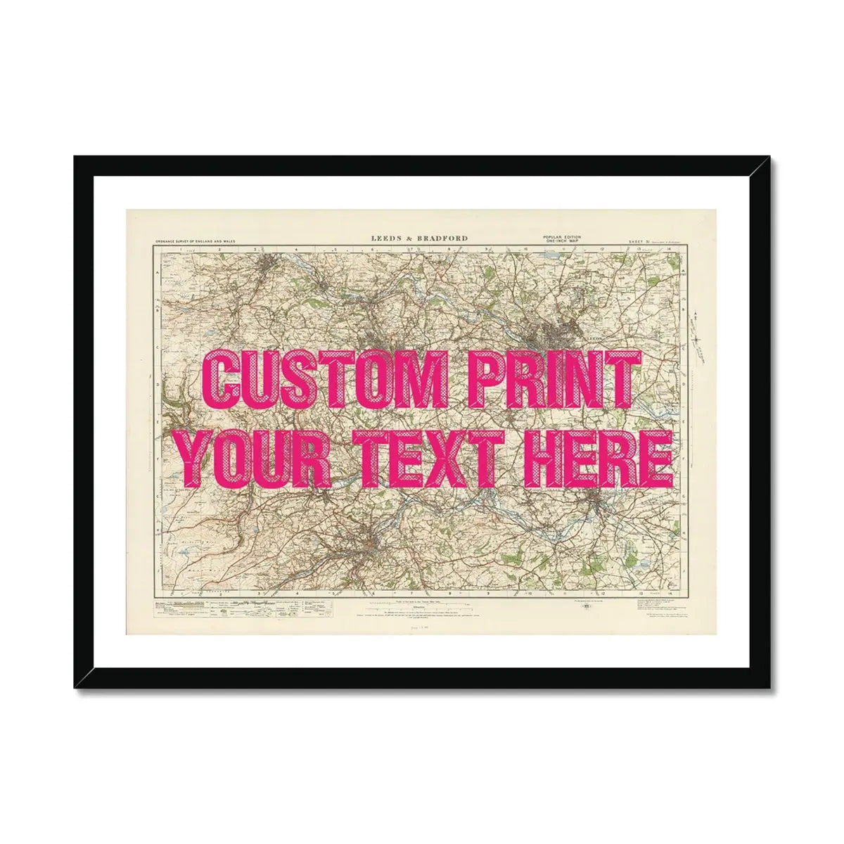 Leeds Personalised Map Print | Custom Map of Leeds | Pink Vintage Font - Framed Wall Art