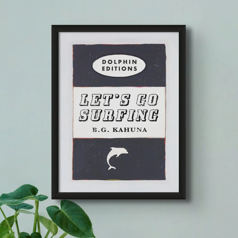 Let's Go Surfing Vintage Book Cover Art Print in black - Framed