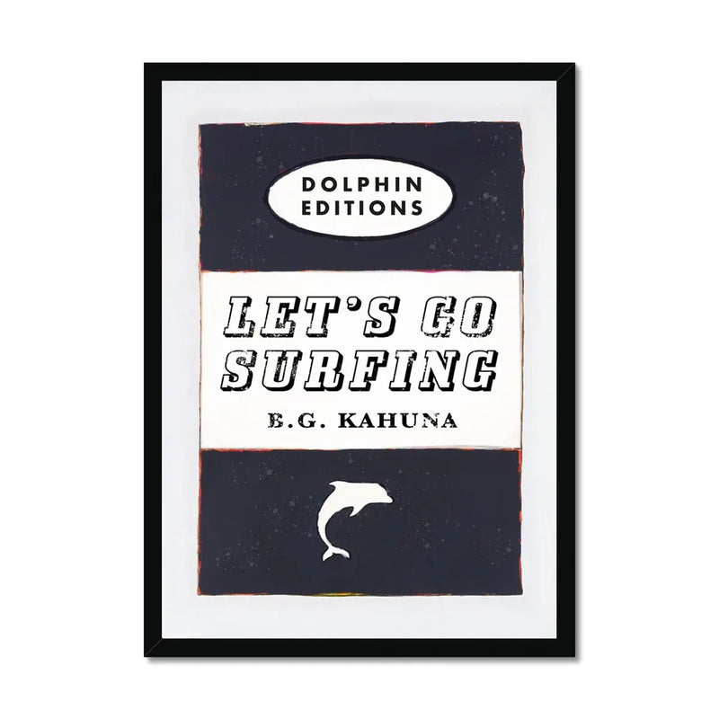 Let's Go Surfing Vintage Book Cover Art Print in black - Framed