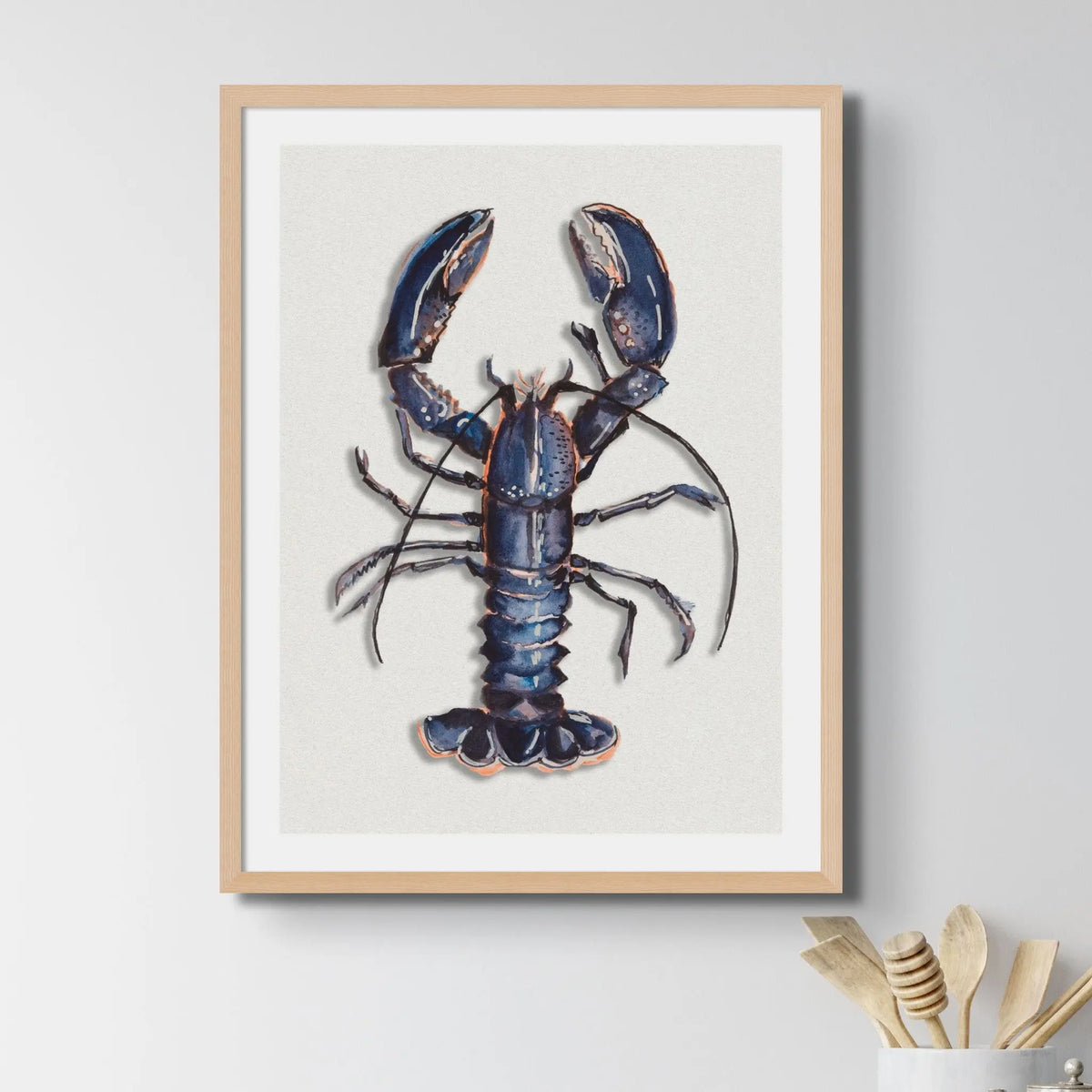 Blue lobster painting in a kitchen close up