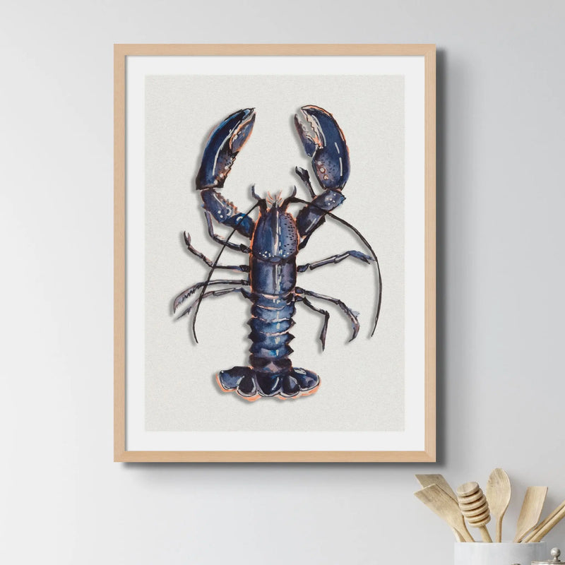 Blue lobster painting in a kitchen close up