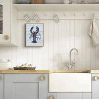 framed blue lobster wall art print in grey and white kitchen - beach house art