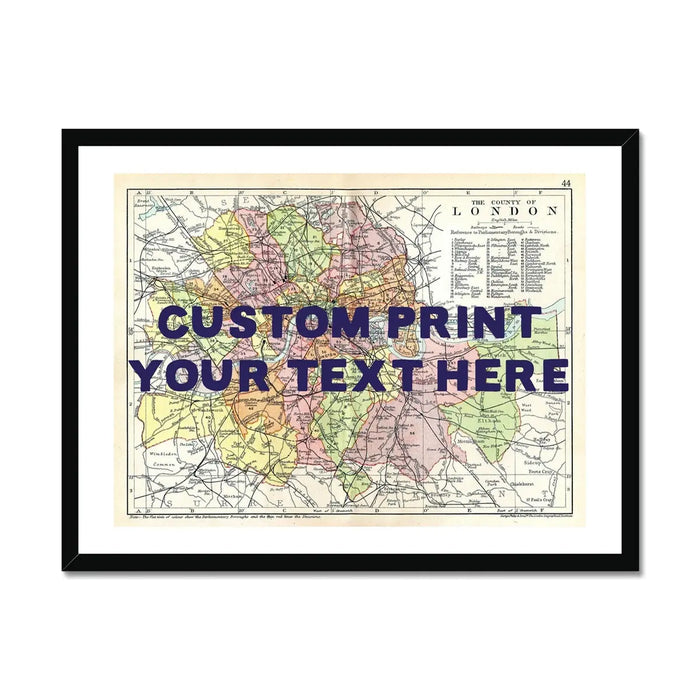 Framed personalised city map art print of London with navy font - custom wall art