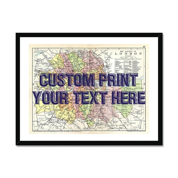 Coastal wall art featuring a personalised vintage city map print of London with pink font  - Framed Wall Art 