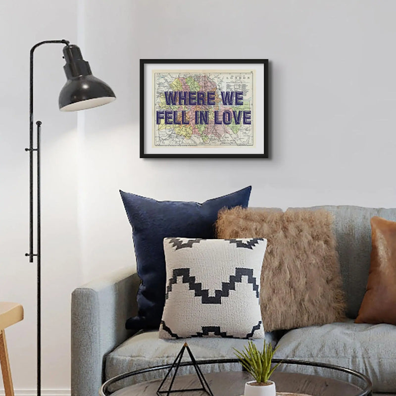 Framed personalised city map art print of London with navy font- Unframed Wall Art