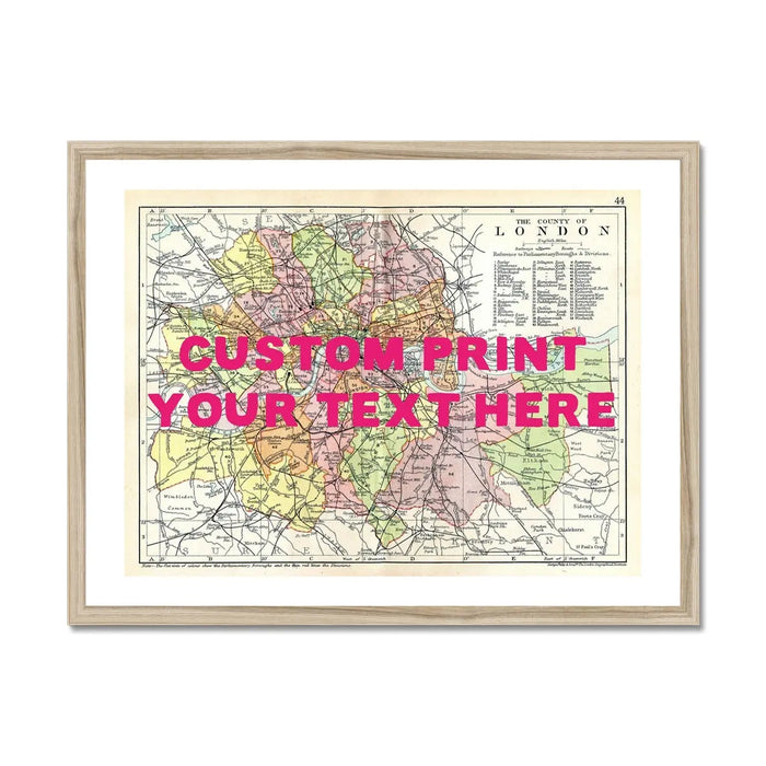 Framed personalised city map art print of London with pink font - framed wall art