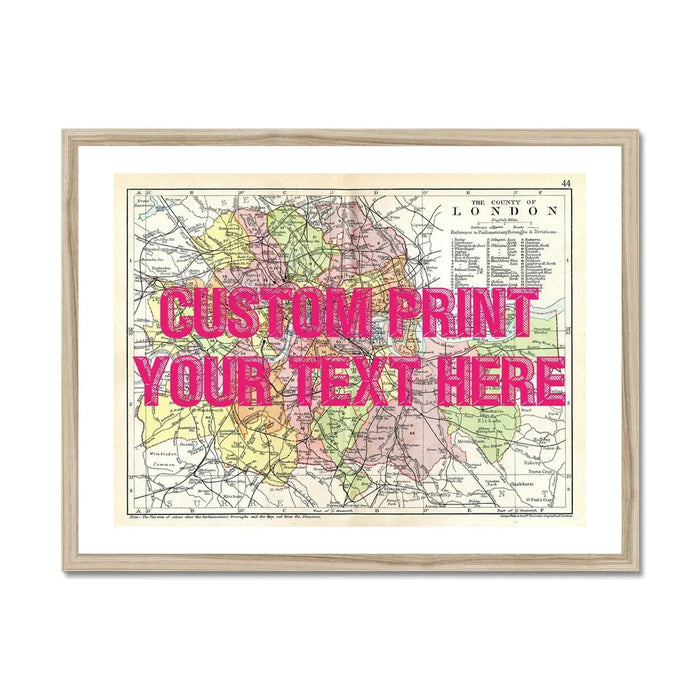 Coastal wall art featuring a personalised vintage city map print of London with navy font - Framed