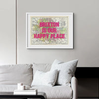 Coastal wall art featuring a personalised vintage city map print of London with pink font  - Unframed wall art