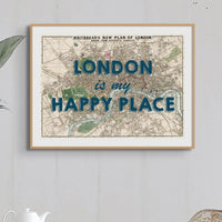 London is my Happy Place (London Map) Vintage Map Art - Framed - Beach House Art