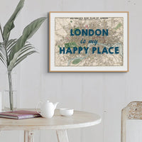 London is my Happy Place (London Map) Vintage Map Art - Framed - Beach House Art