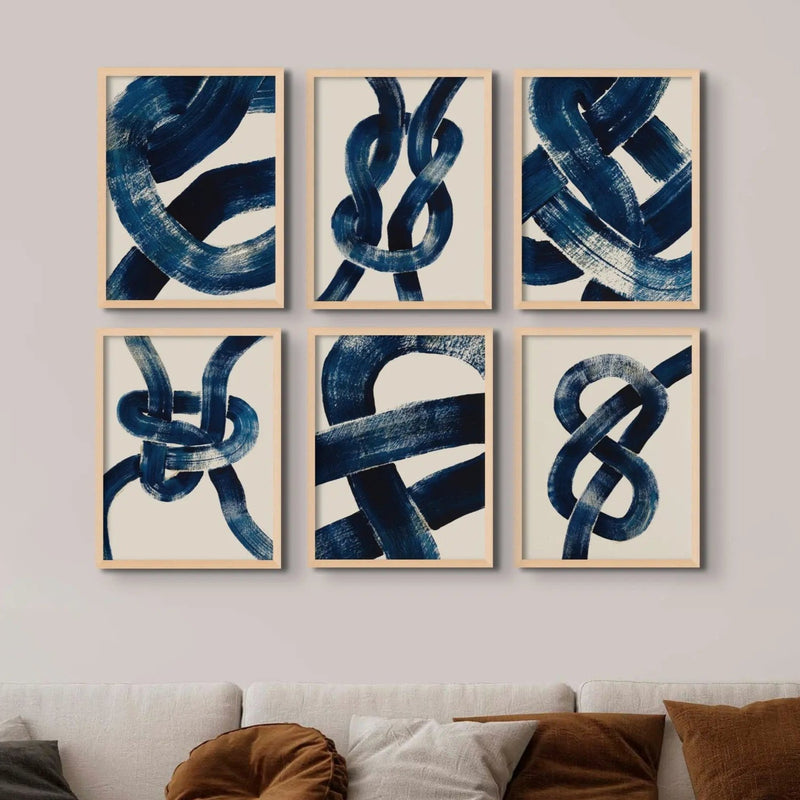 Framed abstract art print of a nautical knot in blue - coastal wall art