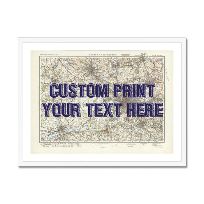 City map wall art featuring a personalised map print of Manchester with navy font - framed wall art