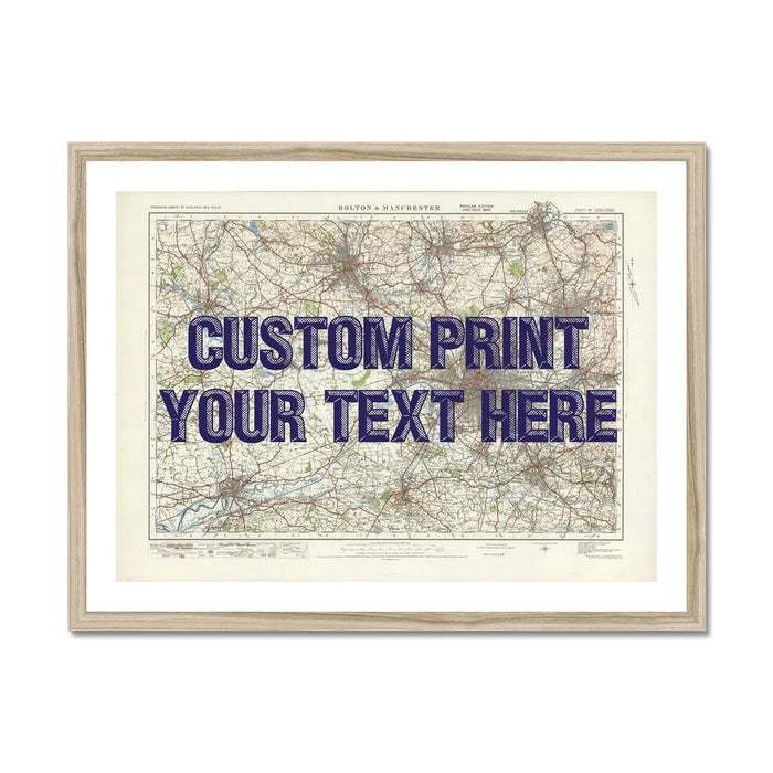 City map wall art featuring a personalised map print of Manchester with navy font - framed wall art