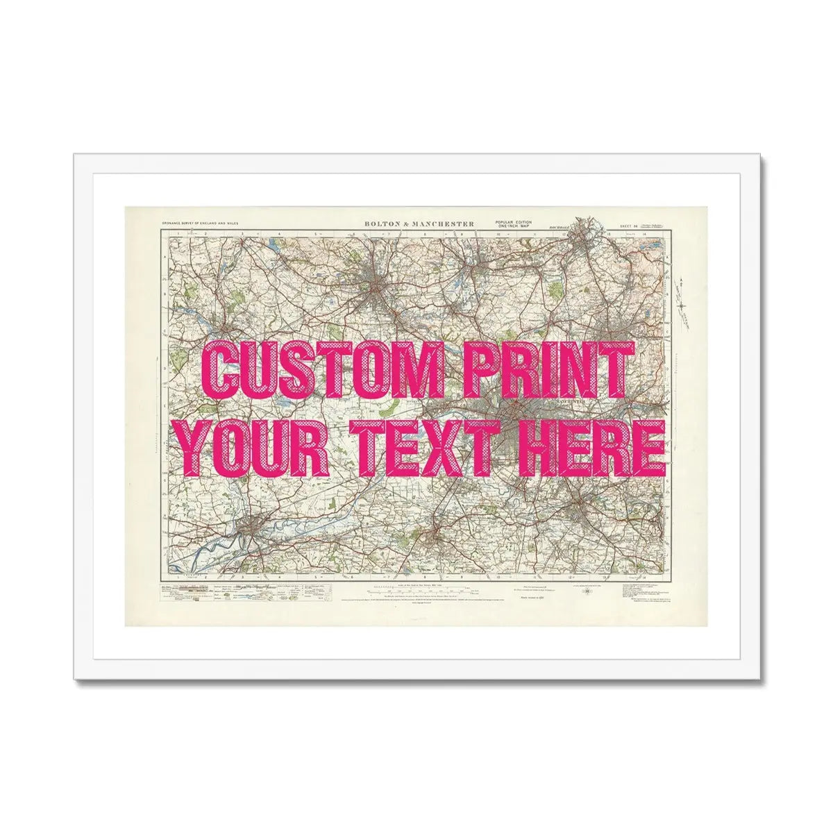 City map wall art featuring a personalised map print of Manchester with navy font - framed wall art