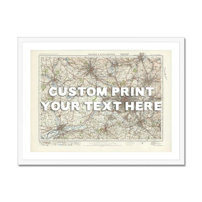 City map wall art featuring a personalised map print of Manchester with white font - framed wall art