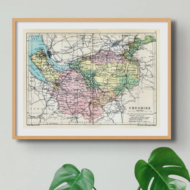 Map Print of Cheshire | Vintage Map of Cheshire in Print - Unframed Wall Art