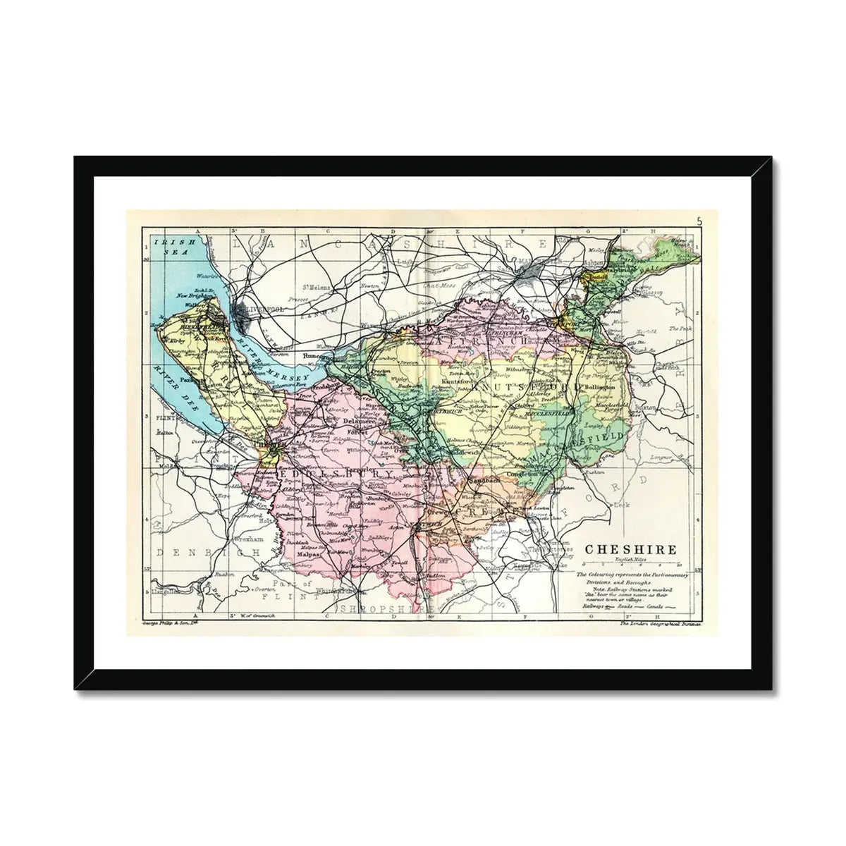 Map Print of Cheshire | Colourful Vintage Map of Cheshire Print - Framed Wall Art