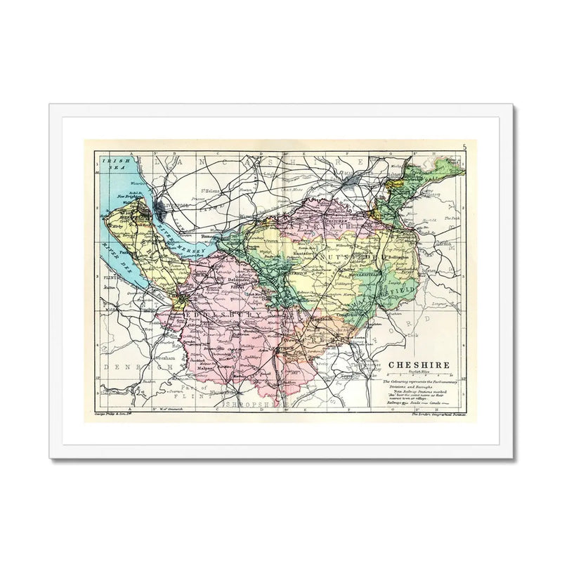 Map Print of Cheshire | Colourful Vintage Map of Cheshire Print - Framed Wall Art