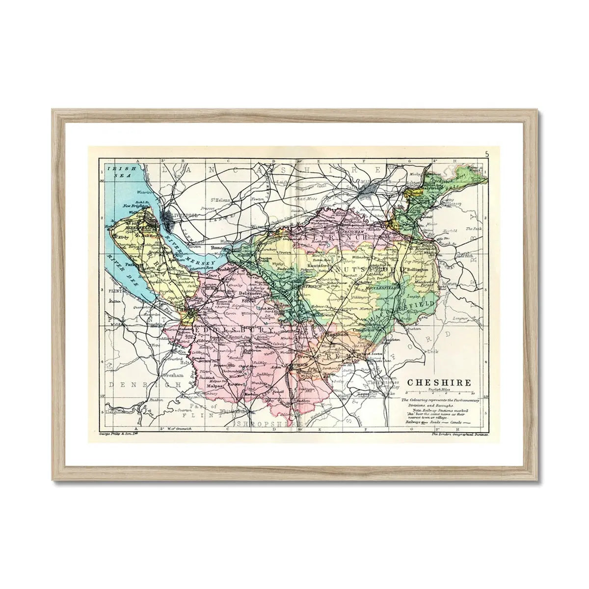 Map Print of Cheshire | Colourful Vintage Map of Cheshire Print - Framed Wall Art