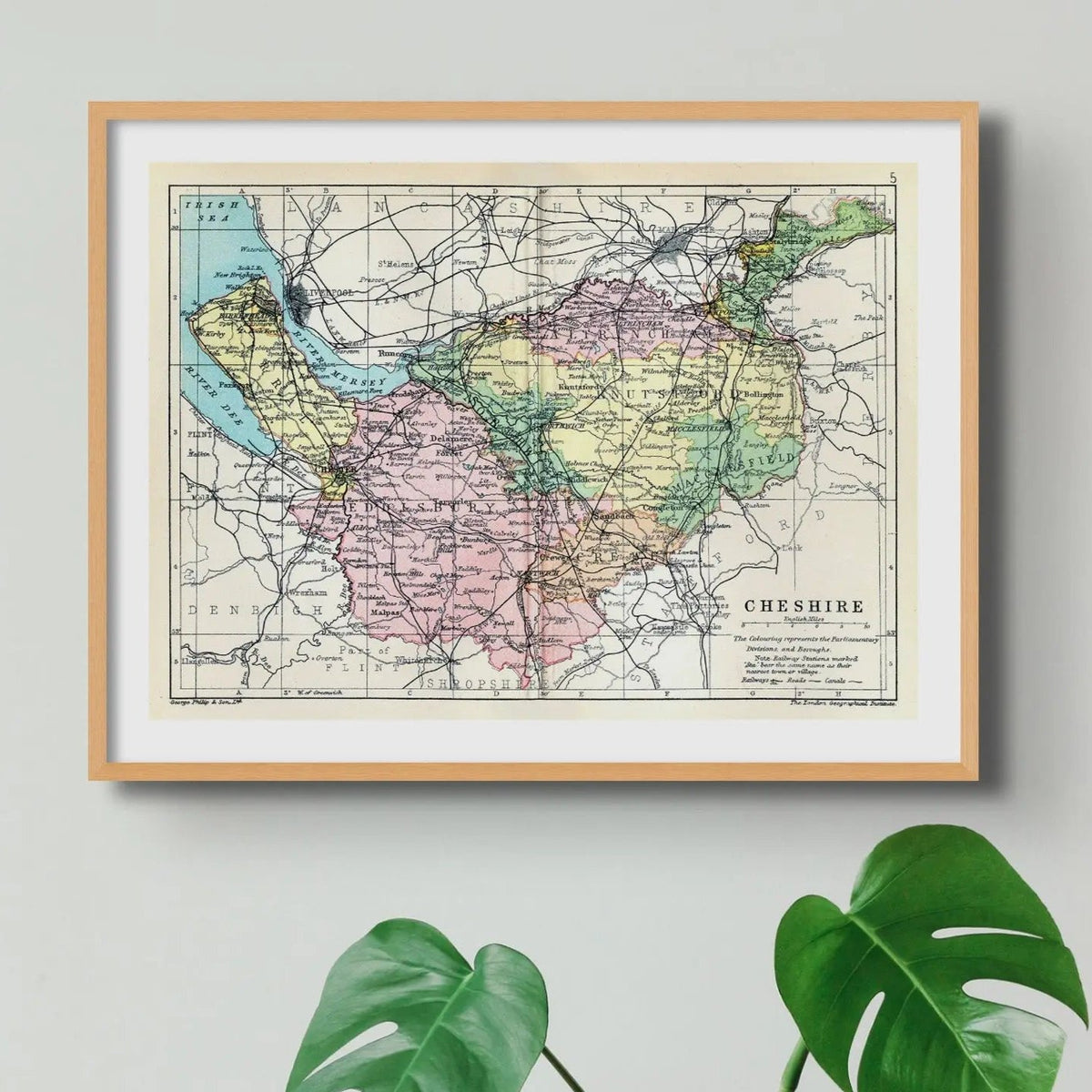 Map Print of Cheshire | Colourful Vintage Map of Cheshire Print - Framed Wall Art