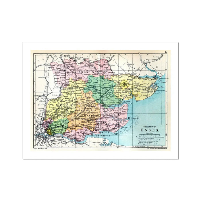 Map Print of Essex | Colourful Vintage Map of Essex Print - Unframed Wall Art