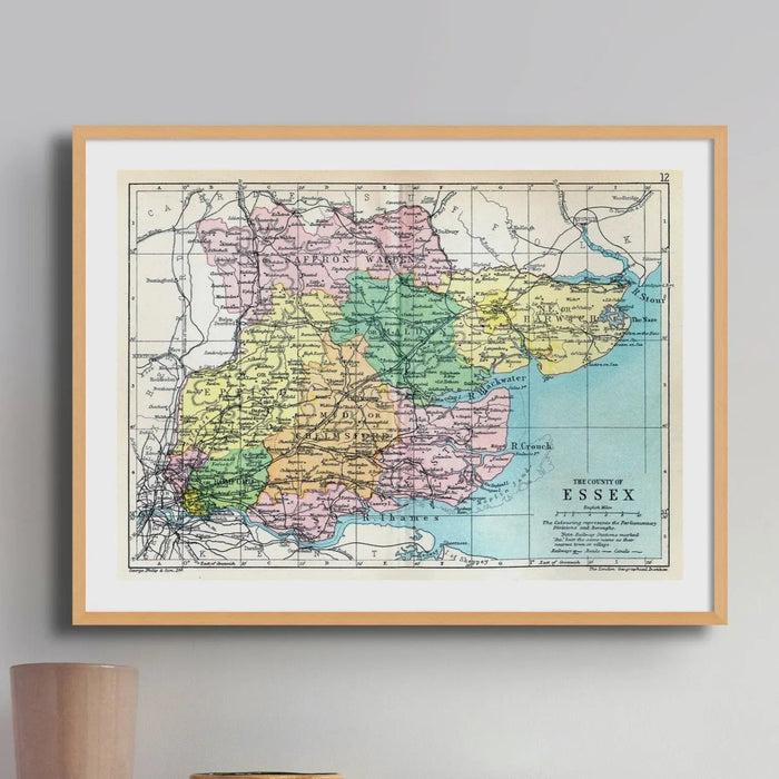 Map Print of Essex | Colourful Vintage Map of Essex Print - Unframed Wall Art