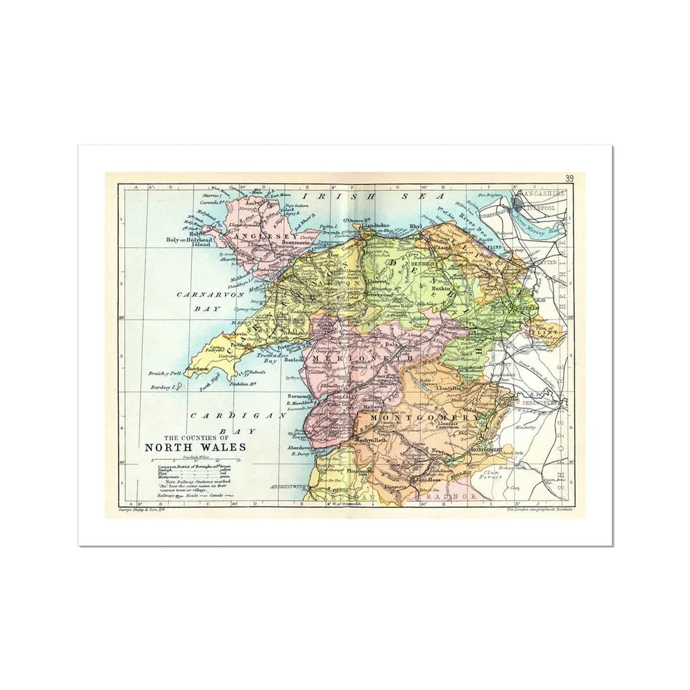 Map of North Wales Print | Vintage Map of Wales Print - Beach House Art