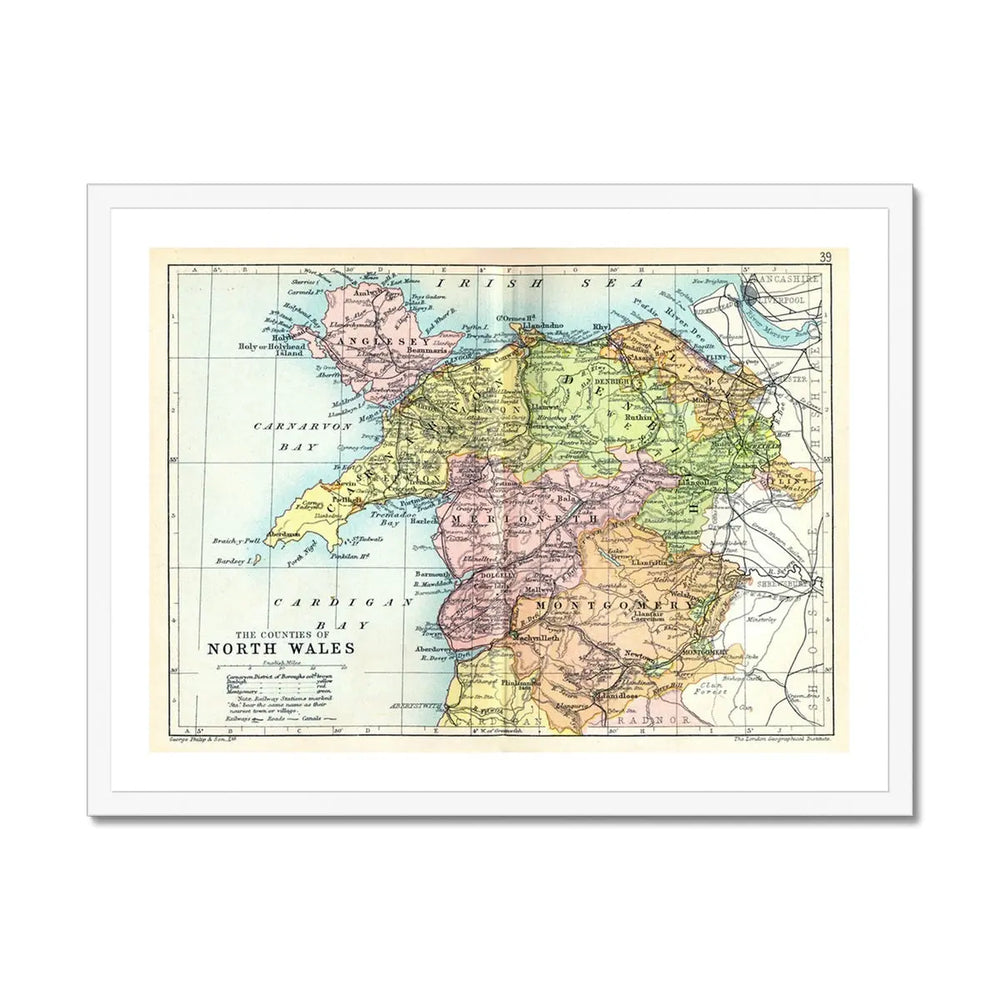 Map of North Wales Print | Vintage Map of Wales Print - Beach House Art