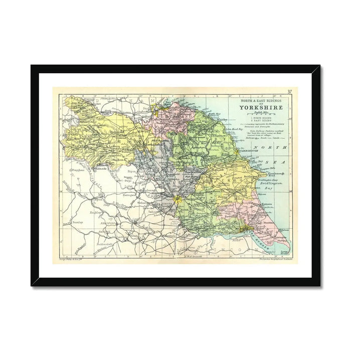 Map Print of North & East Riding| Vintage Map of North & East Yorkshire Print - Framed Wall Art