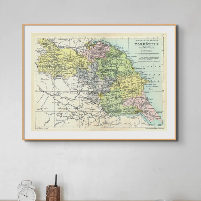 Map Print of North & East Riding| Vintage Map of North & East Yorkshire Print - Framed Wall Art