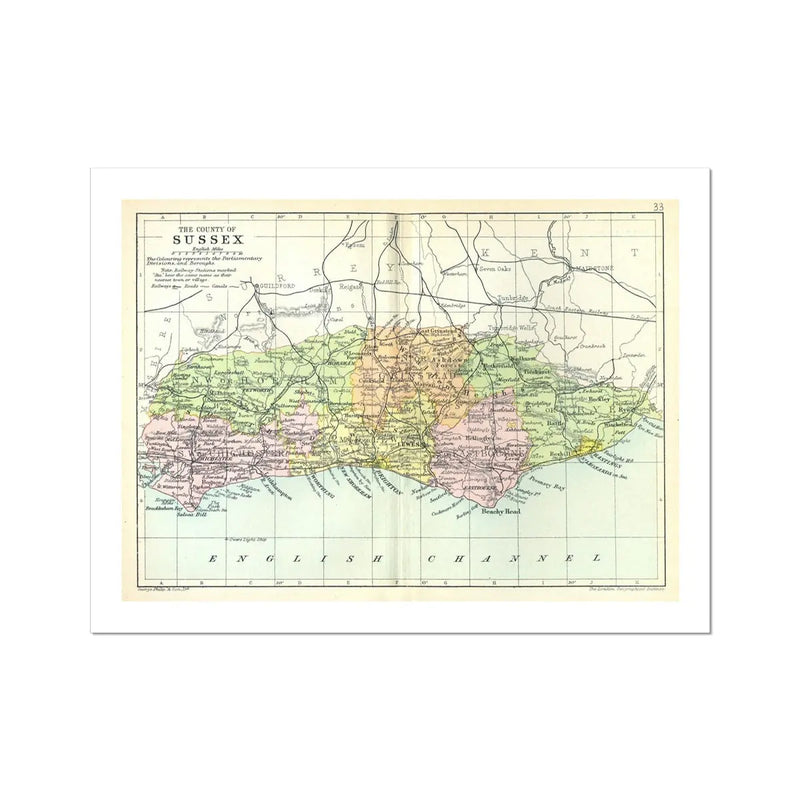 Map Print of Sussex | A colourful Vintage Map of Sussex - Unframed Wall Art