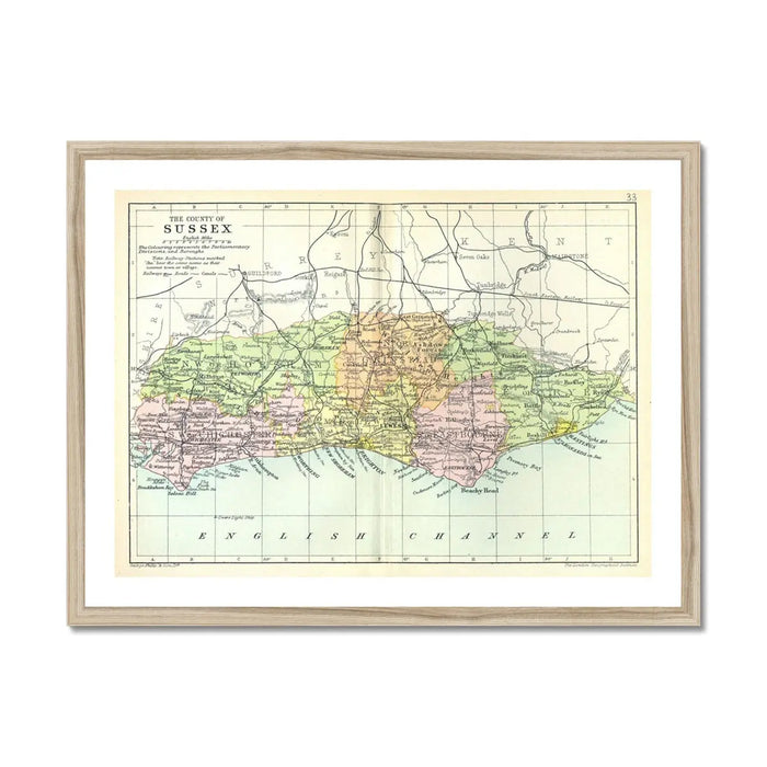 Map Print of Sussex | A detailed Vintage Map of Sussex Printed on quality paper - Framed Wall Art