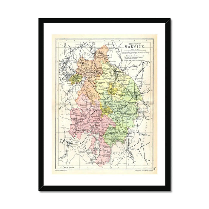 Map Print of Warwickshire | A colourful and detailed Vintage Map of Warwick - Framed Wall Art