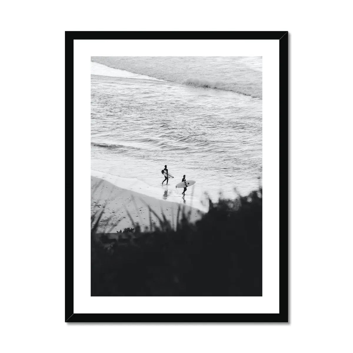 black & white photograph of surfers on the beach - beach house art