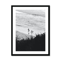 black & white photograph of surfers on the beach - beach house art